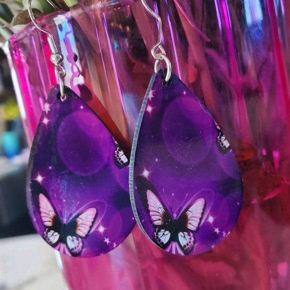Purple Butterfly Teardrop Earrings - Picture 5 of 5